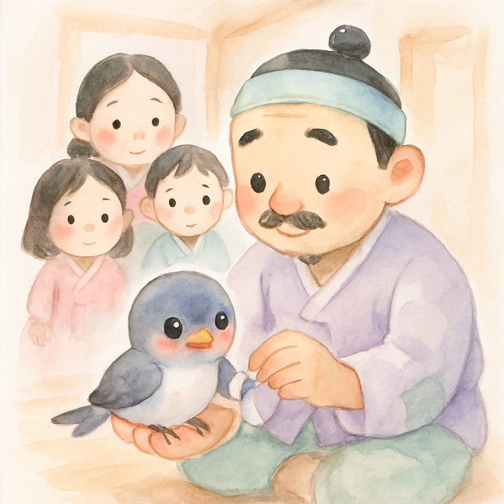 흥부가 제비의 다친 다리를 천으로 감싸주며 정성스럽게 치료하는 장면